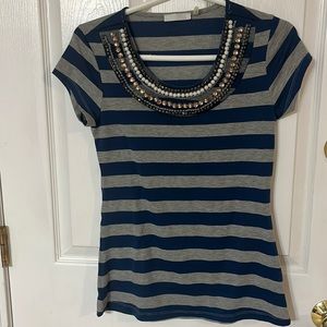 Forever Fashion blue and grey striped shirt with jewel adornment